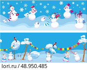 Set of 2 Horizontal seamless backgrounds with cute snowmen for Christmas and New Year Holidays design. Стоковая иллюстрация, агентство Ingram Publishing / Фотобанк Лори
