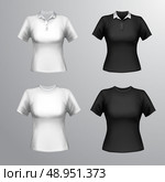 Black and white round neck and polo short sleeve t-shirts female set isolated vector illustration. Стоковая иллюстрация, агентство Ingram Publishing / Фотобанк Лори