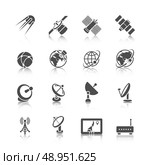 Earth orbit space station and satellite dish digital receiver communication icons set black abstract isolated vector illustration. Стоковая иллюстрация, агентство Ingram Publishing / Фотобанк Лори