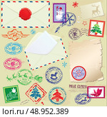 Collection of Christmas stamps, envelops, labels - Christmas and New Year postage set. Стоковая иллюстрация, агентство Ingram Publishing / Фотобанк Лори
