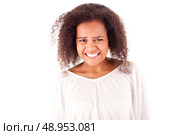 Frustrated and angry african woman over white background. Стоковое фото, агентство Ingram Publishing / Фотобанк Лори