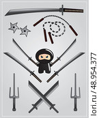 Collection of ninja weapon with cute ninja character holding katana, vector. Стоковая иллюстрация, агентство Ingram Publishing / Фотобанк Лори