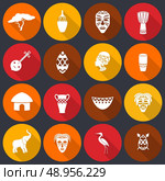 Africa jungle ethnic tribe icons set flat with house shields masks isolated vector illustration. Стоковая иллюстрация, агентство Ingram Publishing / Фотобанк Лори