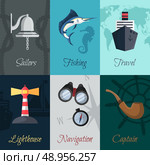 Nautical sea travel mini posters sailors fishing travel set isolated vector illustration. Стоковая иллюстрация, агентство Ingram Publishing / Фотобанк Лори