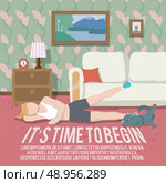Woman doing workout at home fitness lifestyle time to begin poster vector illustration. Стоковая иллюстрация, агентство Ingram Publishing / Фотобанк Лори