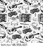Decorative musical store wrapping paper seamless pattern with classical strings percussion jazz instruments doodle sketches vector illustration. Стоковая иллюстрация, агентство Ingram Publishing / Фотобанк Лори