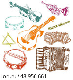 Classic musical concert instruments icons set of key accordion fiddle drum color doodle sketch vector isolated illustration. Стоковая иллюстрация, агентство Ingram Publishing / Фотобанк Лори