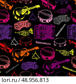 Decorative wall paper classical musical instruments background seamless pattern with drum trumpet guitar color sketch vector illustration. Стоковая иллюстрация, агентство Ingram Publishing / Фотобанк Лори