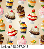 Decorative sweets dessert food seamless pattern with chocolate mousse panna cotta raspberry cream vector illustration. Стоковая иллюстрация, агентство Ingram Publishing / Фотобанк Лори