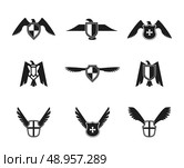 Eagle wings spread lift up and open symbolic protective imperial shield pictograms collection black isolated vector illustration. Стоковая иллюстрация, агентство Ingram Publishing / Фотобанк Лори