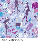 Seamless pattern in pink colors - Silhouettes of fashionable girls with colorful glamor clothes and accessories in Christmas Sale time. Стоковая иллюстрация, агентство Ingram Publishing / Фотобанк Лори