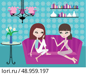 Two girls talk on a sofa. Стоковая иллюстрация, агентство Ingram Publishing / Фотобанк Лори