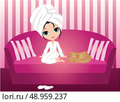 Woman cartoon on a crimson sofa. Стоковая иллюстрация, агентство Ingram Publishing / Фотобанк Лори