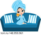 Woman cartoon in a towel on a sofa. Стоковая иллюстрация, агентство Ingram Publishing / Фотобанк Лори