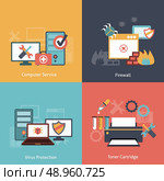 Computer repair and  antivirus protection software installation service flat icons infographics with laser toner isolated vector illustration. Стоковая иллюстрация, агентство Ingram Publishing / Фотобанк Лори