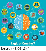 Brain left logic and right creative hemispheres concept with science icons set vector illustration. Стоковая иллюстрация, агентство Ingram Publishing / Фотобанк Лори