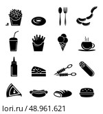 Fast food icons black set of popcorn doughnut cutlery isolated vector illustration. Стоковая иллюстрация, агентство Ingram Publishing / Фотобанк Лори
