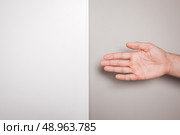 The palm of a young man in a handshake against a green and white background. Стоковое фото, агентство Ingram Publishing / Фотобанк Лори