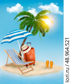 Seaside view with a palm tree, beach chair and parasol. Summer vacation concept background. Vector. Стоковая иллюстрация, агентство Ingram Publishing / Фотобанк Лори