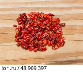 Chile Piquin hot chili pepper on wooden background. Стоковое фото, агентство Ingram Publishing / Фотобанк Лори
