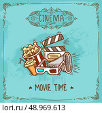 Cinema movie time sketch poster with popcorn glasses clapperboard and megaphone vector illustration. Стоковая иллюстрация, агентство Ingram Publishing / Фотобанк Лори