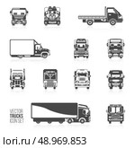 Trucks and delivery trailers automotive carriers decorative icons black set isolated vector illustration. Стоковая иллюстрация, агентство Ingram Publishing / Фотобанк Лори