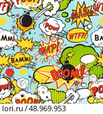 Comic speech bubbles in pop art style with bomb cartoon and explosion text seamless pattern vector illustration. Стоковая иллюстрация, агентство Ingram Publishing / Фотобанк Лори