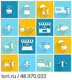 Street fast takeout food stall and standing people icon flat white set isolated vector illustration. Стоковая иллюстрация, агентство Ingram Publishing / Фотобанк Лори