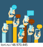 Modern mobile instant messenger chat poster with hands and smartphones vector illustration. Стоковая иллюстрация, агентство Ingram Publishing / Фотобанк Лори