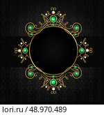 Jewellery black classic vintage golden tiara with diamonds and green emeralds frame vector illustration. Стоковая иллюстрация, агентство Ingram Publishing / Фотобанк Лори
