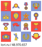 Award icons set flat line of medal flag cup competition insignia isolated vector illustration. Стоковая иллюстрация, агентство Ingram Publishing / Фотобанк Лори