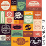 Collection of vintage retro labels, badges, stamps, ribbons, marks and typographic design elements, vector illustration. Стоковая иллюстрация, агентство Ingram Publishing / Фотобанк Лори