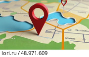 A flat-shaded 3D location pin icon with subtle parallax effect, bright red, hovering over a minimalist map. destination point, geo tracking navigation system. Стоковое AI-видео, аниматор Sergey Grishin / Фотобанк Лори