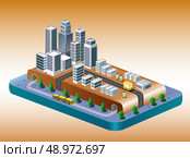 Isometric view of the city on the basis of color with a yellow train. Стоковая иллюстрация, агентство Ingram Publishing / Фотобанк Лори