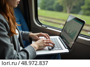 Женщина работает на ноутбуке в поезде / Woman with laptop in train. Стоковое AI-изображение, AI-художник Валерий Лукин / Фотобанк Лори