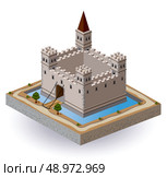 Isometric projection of the vector of a medieval castle with a moat and gate. Стоковая иллюстрация, агентство Ingram Publishing / Фотобанк Лори
