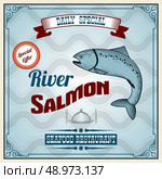 Seafood restaurant retro poster with river salmon fish vector illustration. Стоковая иллюстрация, агентство Ingram Publishing / Фотобанк Лори