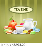 Tea time poster with sweet food cookies macaron cup saucer pot vector illustration. Стоковая иллюстрация, агентство Ingram Publishing / Фотобанк Лори