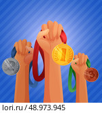 Winners hands holding winner victory golden silver and bronze  medals background vector illustration. Стоковая иллюстрация, агентство Ingram Publishing / Фотобанк Лори