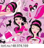 Seamless pattern with glamor lovely girls slipping, using brush to apply make-up, drinking coffee. Modern woman life background. Стоковая иллюстрация, агентство Ingram Publishing / Фотобанк Лори