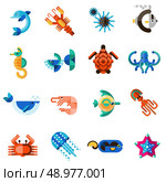 Sea creatures underwater animal life set with dolphin seahorse fish crab isolated vector illustration. Стоковая иллюстрация, агентство Ingram Publishing / Фотобанк Лори