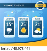 Weather forecast background with mobile meteorology application widgets vector illustration. Стоковая иллюстрация, агентство Ingram Publishing / Фотобанк Лори