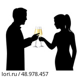 Heterosexual couple black silhouettes drinking champagne and talking celebration scene vector illustration. Стоковая иллюстрация, агентство Ingram Publishing / Фотобанк Лори