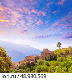 Fornalutx village aerial skyline in Majorca Balearic island Mallorca spain. Стоковое фото, агентство Ingram Publishing / Фотобанк Лори