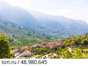 Fornalutx village aerial skyline in Majorca Balearic island Mallorca spain. Стоковое фото, агентство Ingram Publishing / Фотобанк Лори