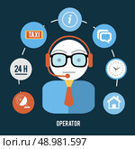 Set for web and mobile applications of office work. Operator with different item icons such as network, 24h, tax, info, message and clock. Support concept in flat design. Стоковая иллюстрация, агентство Ingram Publishing / Фотобанк Лори