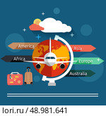 Aviator concept in flat design. Airplanes flying over the map in different countrys. Icons set of traveling, planning a summer vacation, tourism and journey objects and passenger luggage. Стоковая иллюстрация, агентство Ingram Publishing / Фотобанк Лори