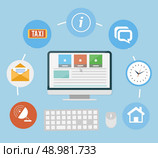 Set for web and mobile applications of office work. Workplace of support operator with different item icons such as network, 24h, tax, info, message and clock. Support concept in flat design. Стоковая иллюстрация, агентство Ingram Publishing / Фотобанк Лори