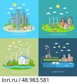 Eco city design concept set with ecologically urban suburban area clean village flat icons isolated vector illustration. Eco City Design Concept Set. Стоковая иллюстрация, агентство Ingram Publishing / Фотобанк Лори
