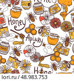Honey apiary seamless pattern with sweet food flying bee wax vector illustration. Стоковая иллюстрация, агентство Ingram Publishing / Фотобанк Лори